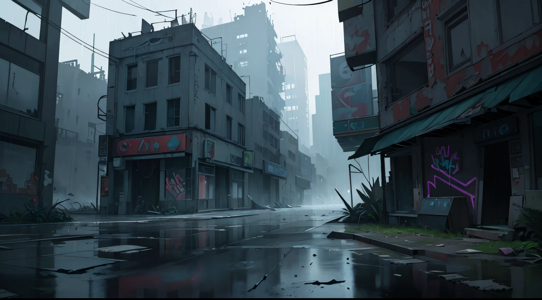 (best quality, highres),ultra-detailed, cinematic lighting, dark and moody, , surreal, vibrant colors, smoke and haze, raining, neon lights, reflections, crumbling buildings, abandoned streets, broken glass, graffiti, mysterious shadows, melancholic expression, glowing eyes, futuristic cityscape, post-apocalyptic, eerie ambiance