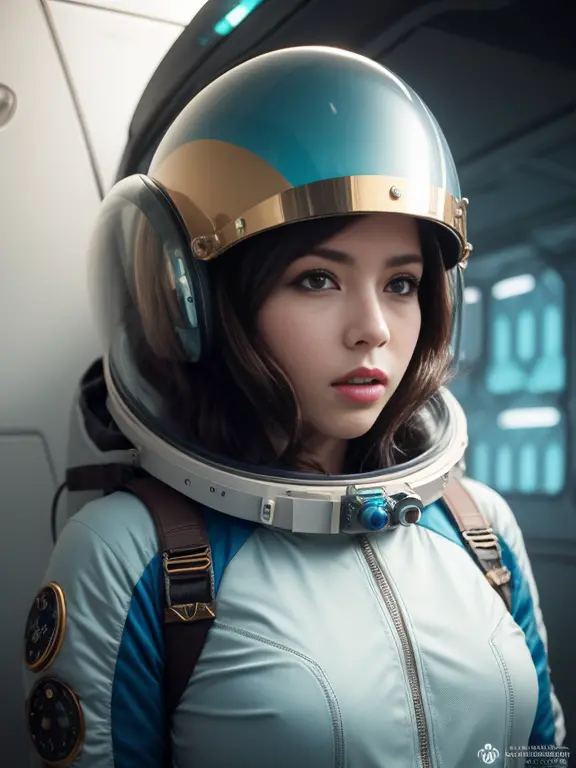woman wearing futuristic sci fi space suit, steampunk alien helmet, wes anderson style, pastel color, medium shot, perfect compo...