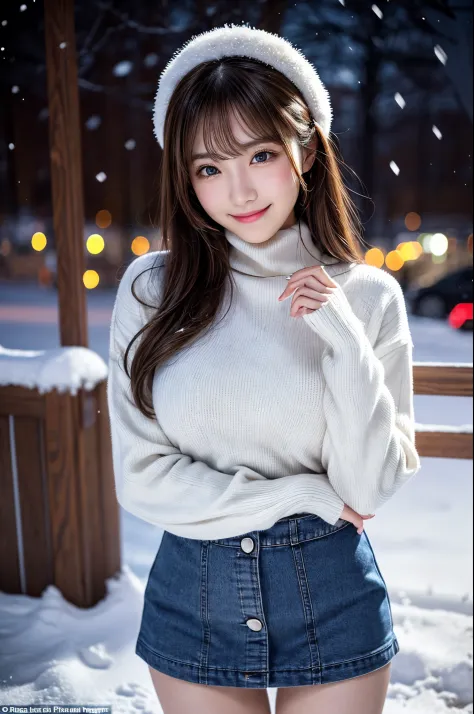 (masutepiece:1.3, Photorealsitic:1.4, 8K), top-quality, ​masterpiece, 超A high resolution, Perfect dynamic composition, Highly detailed skin and facial texture:1.3, A detailed eye, Detailed limbs, Winters, (snowflakes falling:1.2), Snowfall landscape at nig...