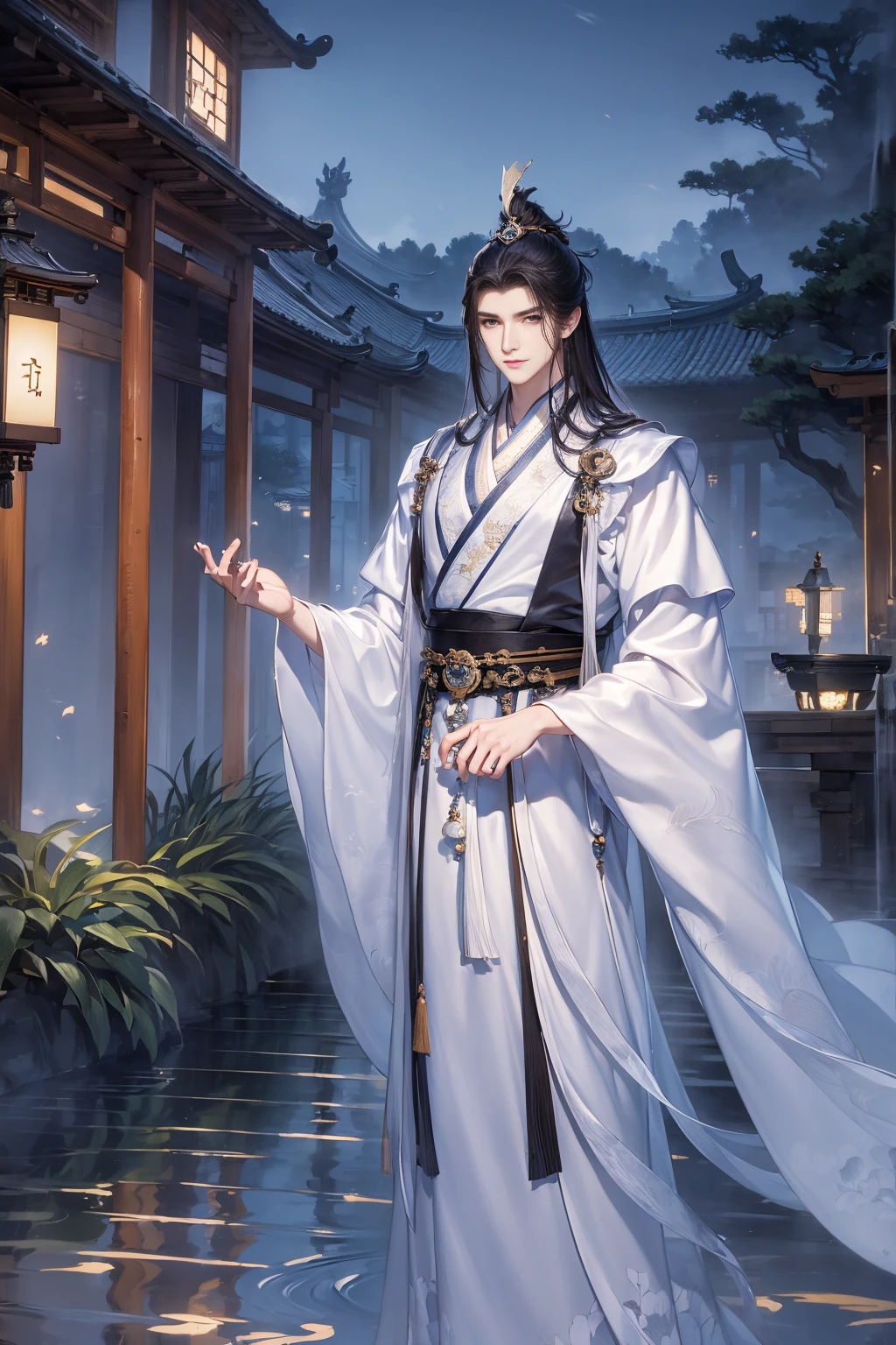 (Best quality at best,A high resolution,The image is clear:1.2),Ultra detailed backgrounds,Beautiful man standing，Chinese-style clothes,,Garden scene,under moonlight,waterfallr，Crane，Romantic atmosphere,Dutch Angle Shot,gentlesoftlighting,shelmet