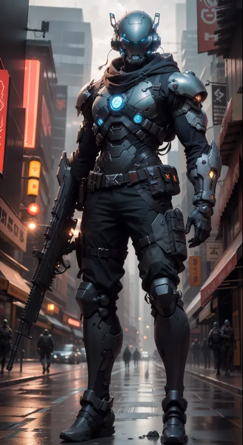 1人, A futuristic male military commander ((Square cyber helmet head with blue light)) and a pair of mechanical feet, Wear a pair...