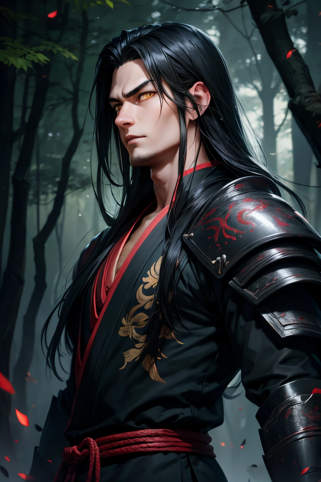 Realistic anime style, from the front, man, oriental, 30 years old, long black hair, bright yellow eyes with a black background, black veins on the neck, black and dark green samurai armor, in the middle of a dark forest.