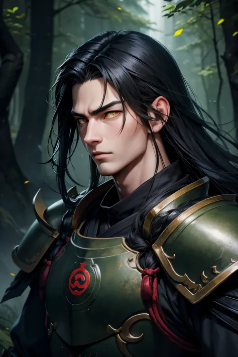 Realistic anime style, from the front, man, oriental, 30 years old, long black hair, bright yellow eyes with a black background,...