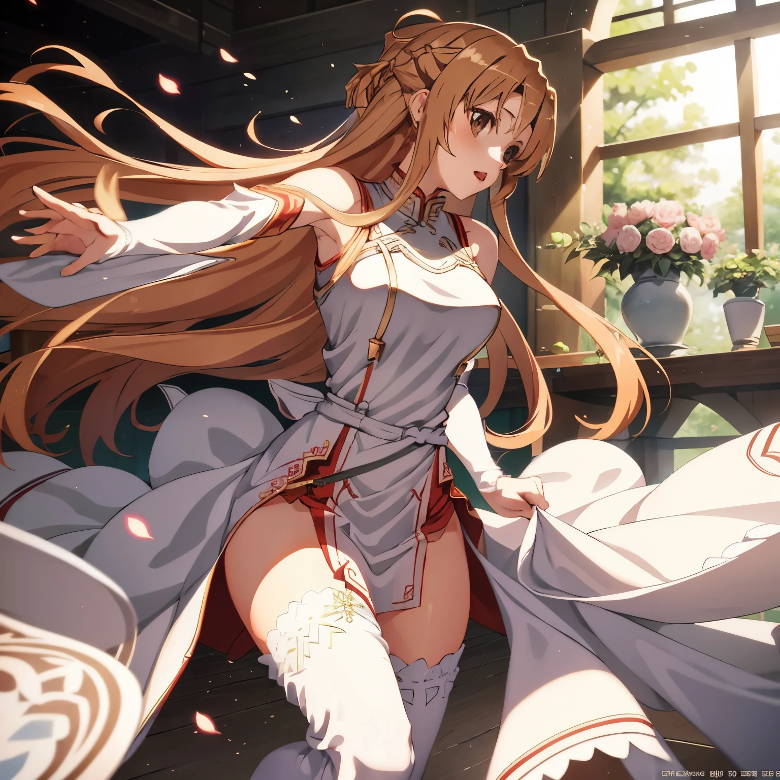 Asuna、Sword Art Online、JK Packing、Single horsetail, Yuuki Asuna, High quality, 8K, ​master piece, {{{{masutepiece}}}}, {{{Hyper Detailed}}}, {{{hight resolution}}}, {{Good anatomy}}, (((Best Quality))), ((extremely delicate and beautiful)), {{an extremely detailed and delicate}}, {8k cg wallpaper}, {{Illustration}}, Ray tracing, sleeveless dress, cheongsam tunic suit, pelvis curtain, High Slit Dress, Asuna,white lace panties, dress lift,nsfw,