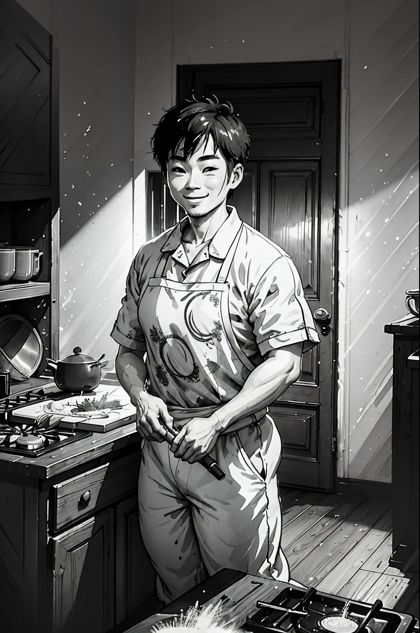 In a modern kitchen, a Chinese man in his 30s, wearing a smile and pajamas, is holding a cooking spatula and stir-frying under soft lighting. Vertical format, black and white illustration