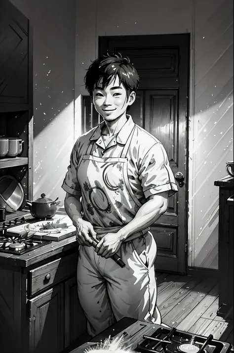 In a modern kitchen, a Chinese man in his 30s, wearing a smile and pajamas, is holding a cooking spatula and stir-frying under s...
