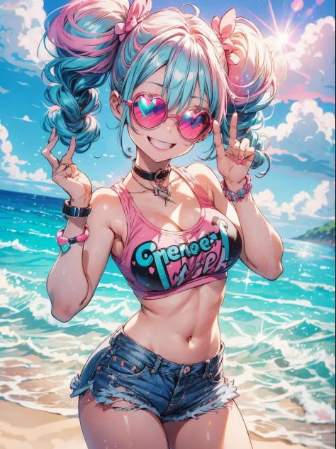 american pop theme ,Vibrant colors,1 cute lovely girl,Cute smile,Peace,(short drill twin tails:1.2),(aqua hair,Pink eyes:1.2),(R...