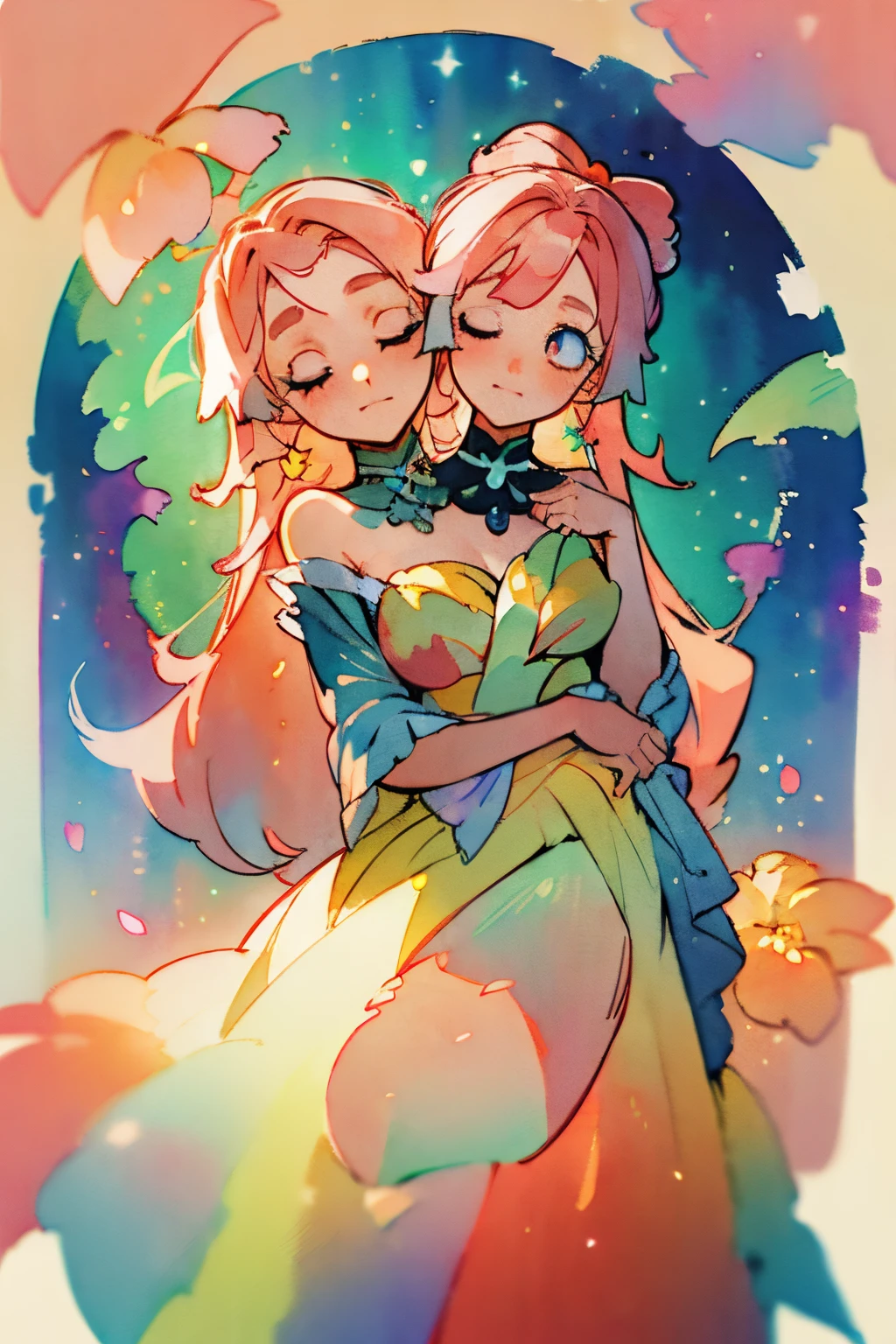 (masterpiece, best quality), best resolution, (2heads:1.5), 1girl, beautiful two-headed woman in ombre gradient dress, kokomi character, long golden pink hair, colorful watercolor background, watercolor illustration, anime art style, glowing aura around her, glowing lights! digital painting, flowing glowing hair, glowing flowing hair, beautiful digital illustration, fantasia otherworldly landscape plants flowers, beautiful, masterpiece, best quality, anime style