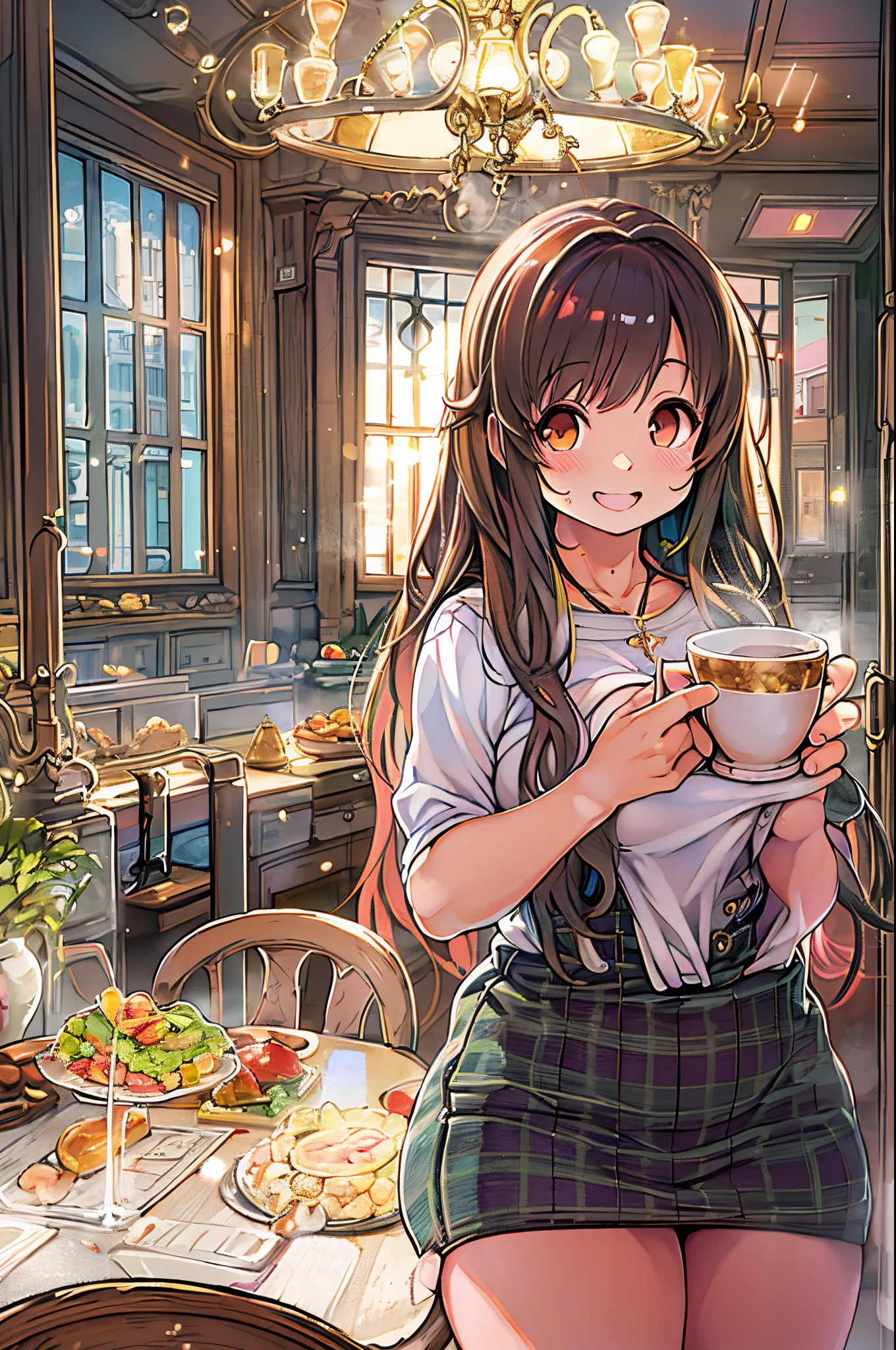 Anime Art、Superb Boobs, Stunning, Ultra high image quality, Realistic, girl, (Beautiful Face 1.4), (Big, Constricted waist), Long hair, Indoors, Bokeh, Beautiful light, Shiny skin, small head, Smile, dinner party, Holding a cup