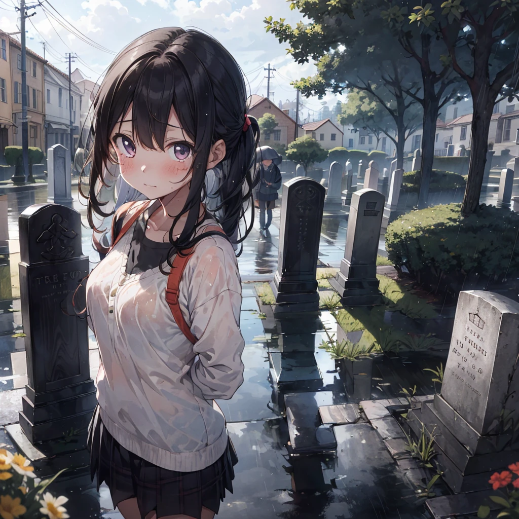 a girl, in front of a grave, rainy day, trickle of tears, looking up to the sky.