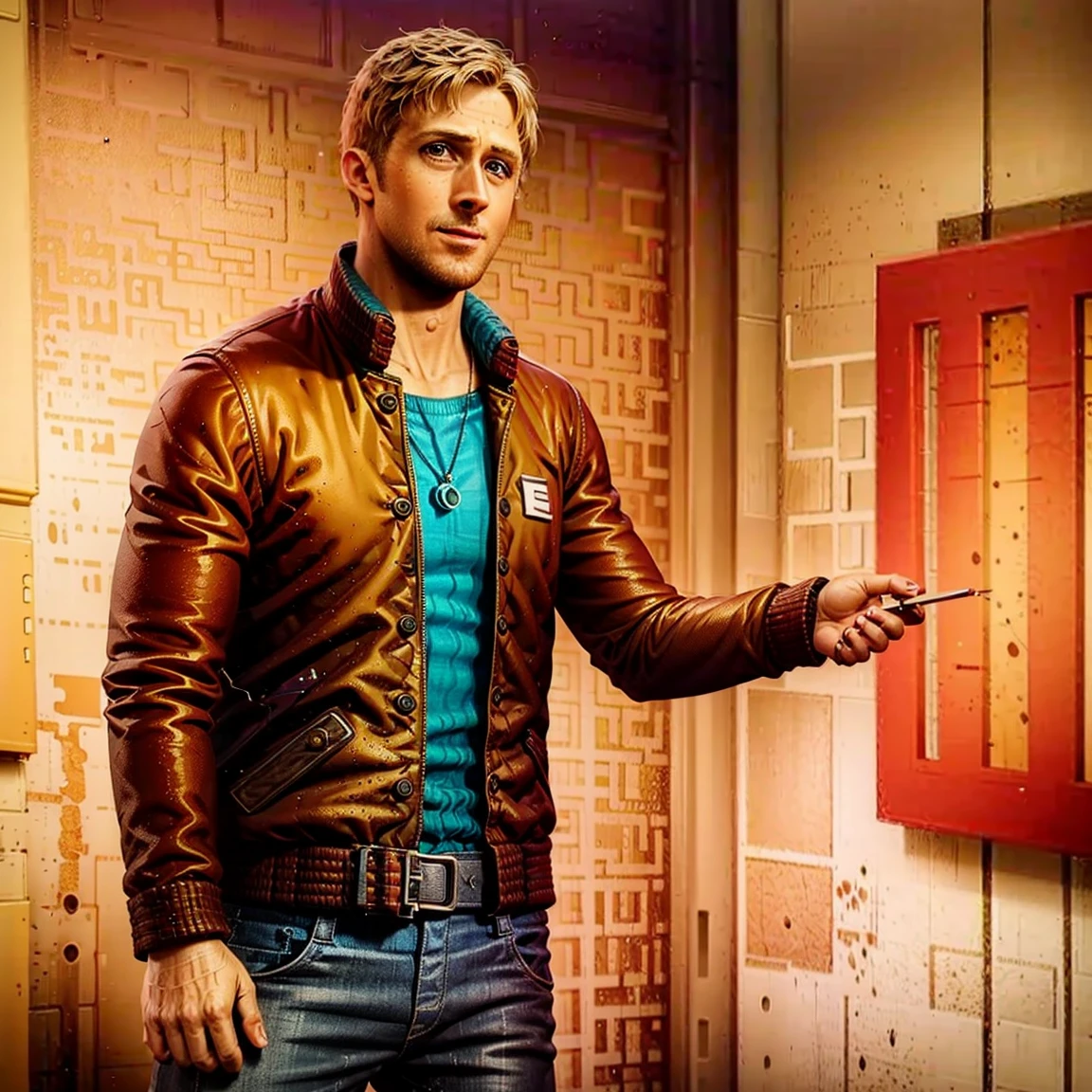 photo of ohwx man  jacket (Ryan Gosling), masterpiece, best quality, absurdres, 1boy, solo, JacketHotlineMiami, chicken mask in hand, etterman jacket, jeans, open jacket, standing, brick wall, night, blood, neon background