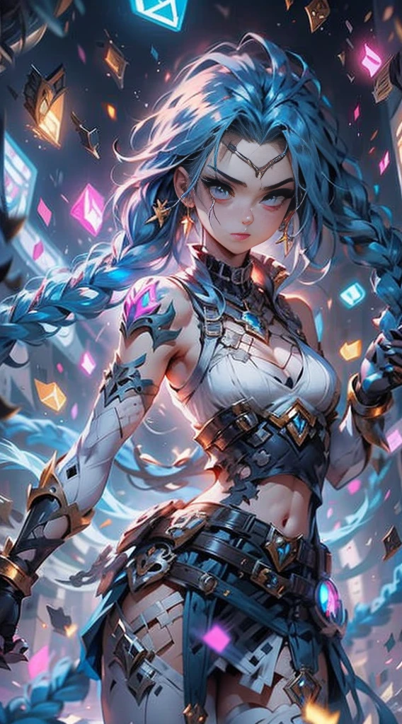 league of legend, (jinx \(league of legends\), 1girl, Blue double braids, Alone、full body shot of，standing on your feet，head to toe，Slim figure、White network set、White plastic tights with thin clothes, Gold gloves、 ((mini-skirts)),Wear pink tights under skirt、 (Full body suit that does not expose skin), shiny thin clothes、White plastic ceramic full body suit、Fitted armor