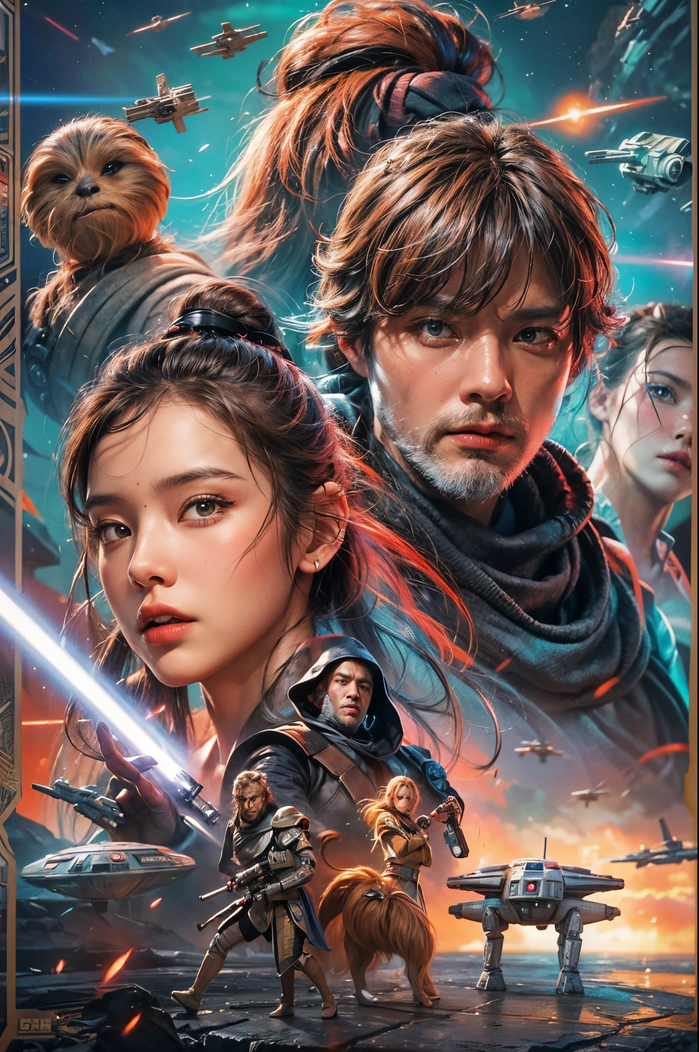 "((Animee)) book cover for Star Wars, dramatic scenes, ((expressive characters)), futuristic details, vibrant and ((captivating colors)), dynamic composition,