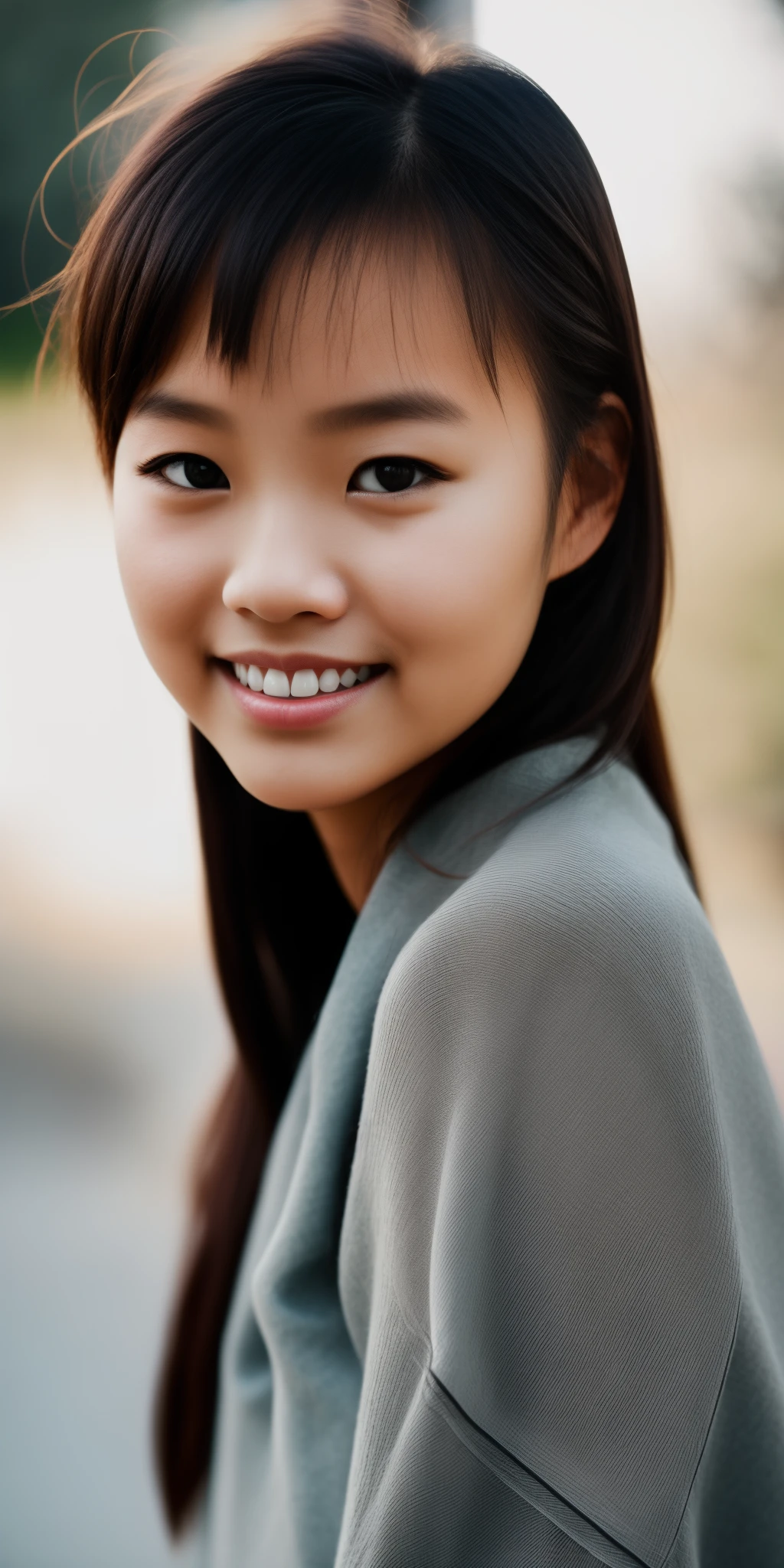 A close up of a young girl smiling with a green shirt - SeaArt AI