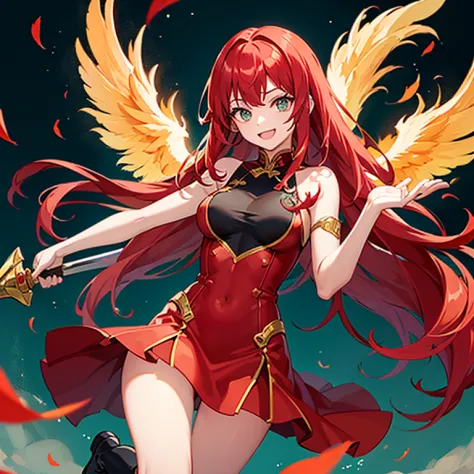 a cheerful girl who is the embodiment of a phoenix...、redhead sidetail、bangss、green colored eyes、red cheongsam（slit）、thigh expos...