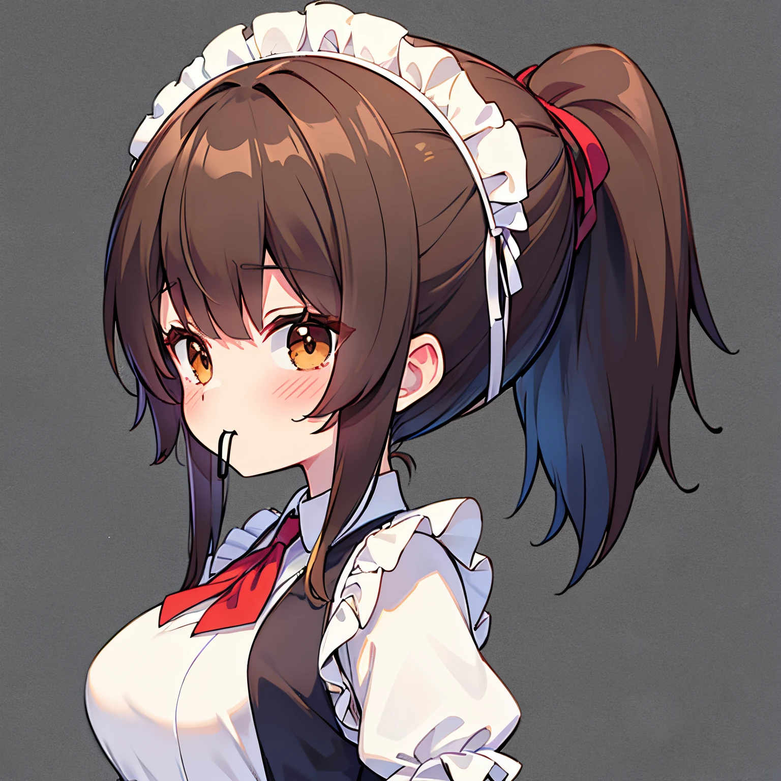 "anime girl, 1 person, dark brown hair, ponytail, ponytail, hair tied, brown eyes, hair tie in mouth, maid, maid lolita,loli, big breasts, blushing, solo, side view  front, (full HD 4K+ image )"