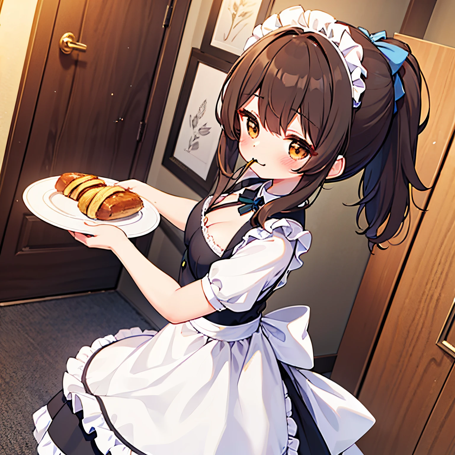 "anime girl, 1 person, dark brown hair, ponytail, ponytail, hair tied, brown eyes, hair tie in mouth, maid, maid lolita,loli, big breasts, blushing, solo, side view  front, (full HD 4K+ image )"