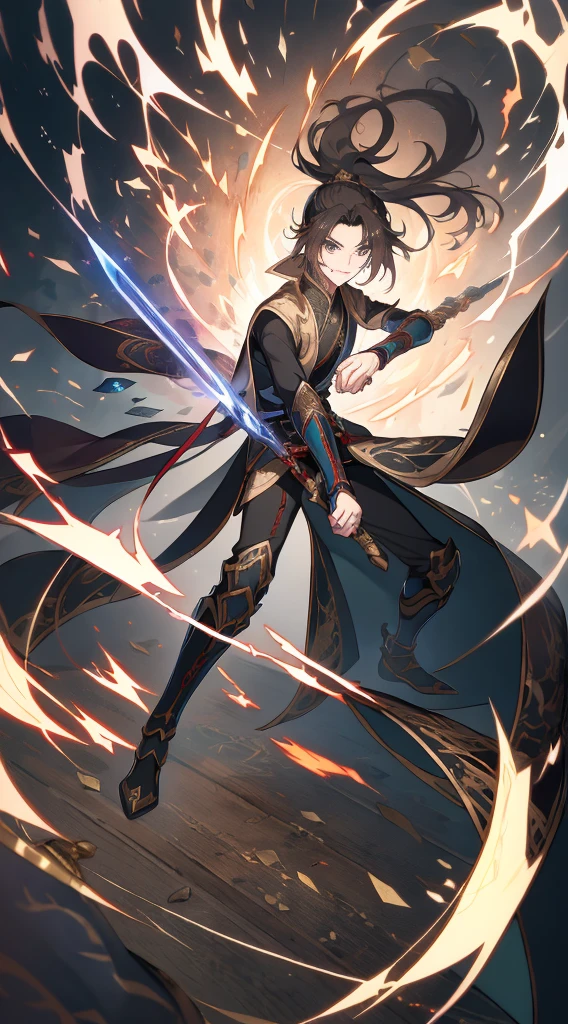 （Huang Li，A high resolution，ultra - detailed），tmasterpiece，Best quality，Boys with long hair and high ponytail，with sword，独奏，Handsome，Short hair details，black hair color hair，Detailed faces，Fighting posture，attack pose，（longer sleeves）Sword holding posture，dramatic scene，swirles，spark of light，swirls of magic