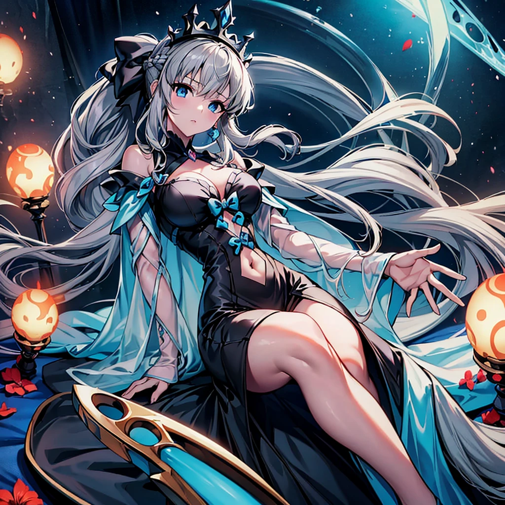 （Enrich the picture，Masterpiece level quality）Beautiful 8K CG artwork,1girl,(((solo))),morgan le fay (fate), blue eyes, Long Hair, pony tail,Very long hair, big boob, black bow, looking at viewer, gown, Hair Bow, thights, thights, black dress, Bangs, side locks, French braid, grey hair,Goddess-like posture,Kneeling exercise,Slim and soft,Translucent skin,big breasts,lying on your back,leg extension,m legs,Look at the viewer,expression to the top,on bed,