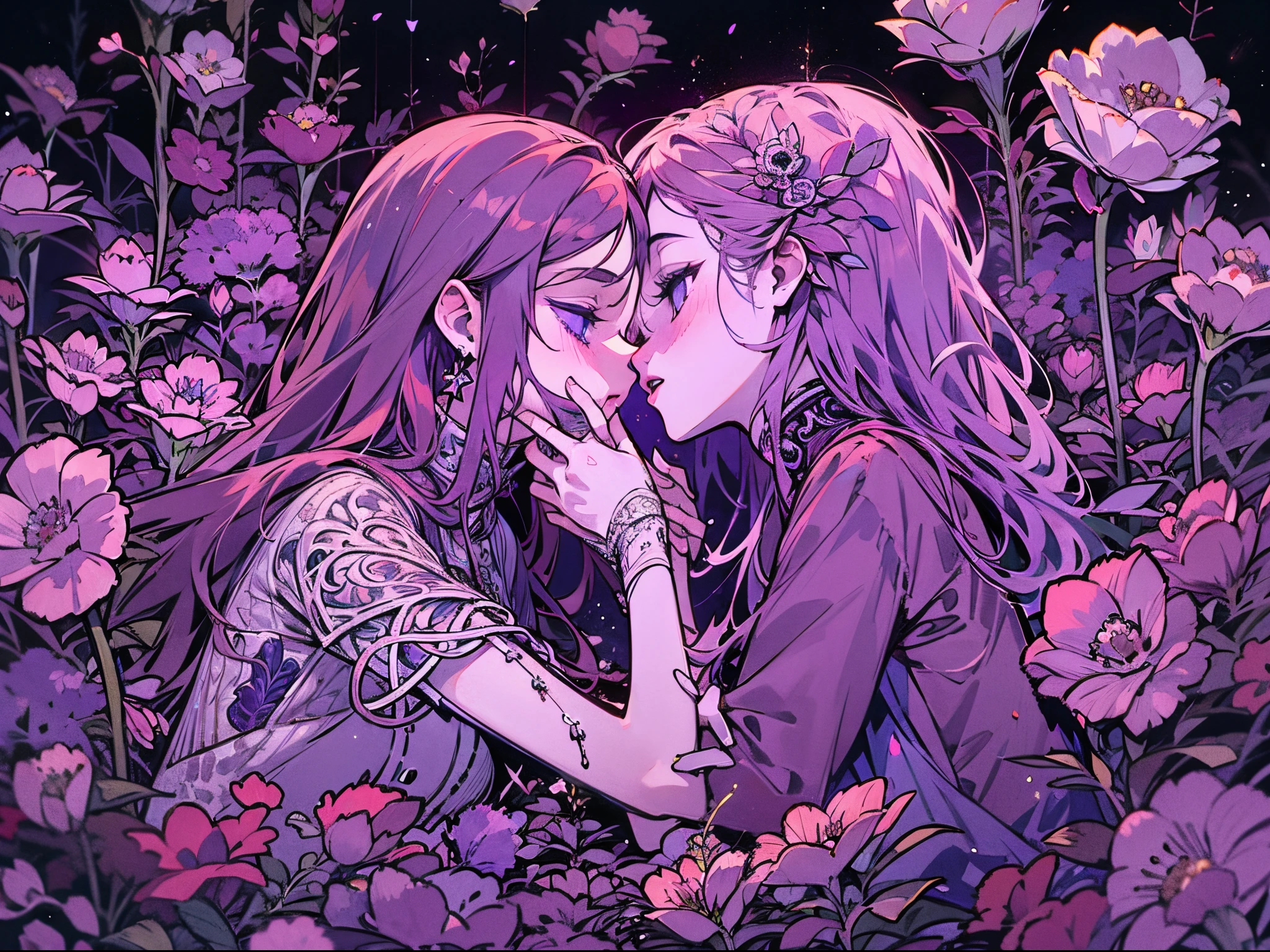 두 소녀, 꽃에 둘러싸인 죽은 사람, 다른 한 명은 시체에 키스하고 있어, 섬뜩한 이미지, 보라색 밤, 푸아티에, 입자, 매우 복잡한 세부 사항, 애니메이션 이미지, 라이브 촬영.