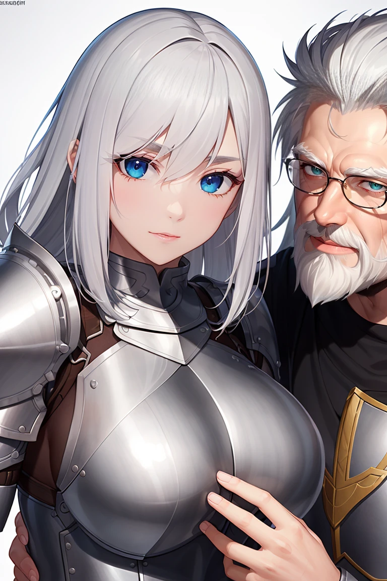 A scantly clad white hair very busty female milf mage accompanied her beloved, ((aged male white bearded darker skin tone veteran knight in dark grey armour)), ancient sanctum, ((accurate fingers)), detailed fingers, ((detailed background)), detailed environment, ultra-detailed face, perfect face, perfect eyes, perfect anatomy, extremely detailed beautiful eyes, shiny eyes, detailed hands and fingers, detailed, cinematic lighting,