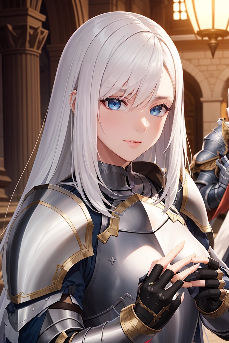 A scantly clad white hair very busty female milf mage accompanied her beloved, ((aged male white bearded darker skin tone veteran knight in dark grey armour)), ancient sanctum, ((accurate fingers)), detailed fingers, ((detailed background)), detailed environment, ultra-detailed face, perfect face, perfect eyes, perfect anatomy, extremely detailed beautiful eyes, shiny eyes, detailed hands and fingers, detailed, cinematic lighting,