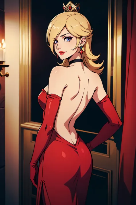 rosalina, crown, red dress, long dress, strapless dress, backless dress, long white elbow gloves, smile, light red lipstick, dark purple eye shadow, makeup, black choker, cowboy shot