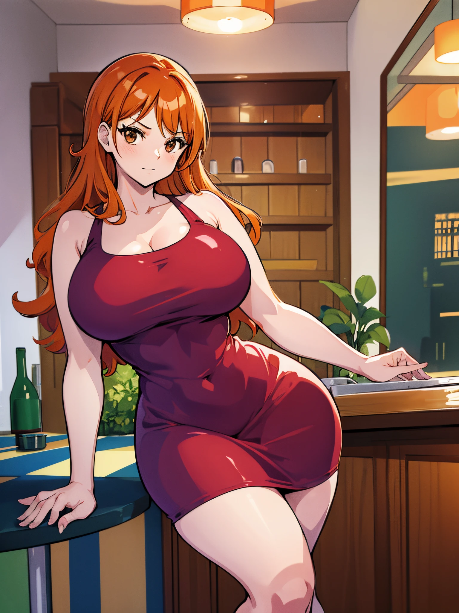 Cocktail dress, curvy athletic body, orange hair, brown eyes, body tight dress