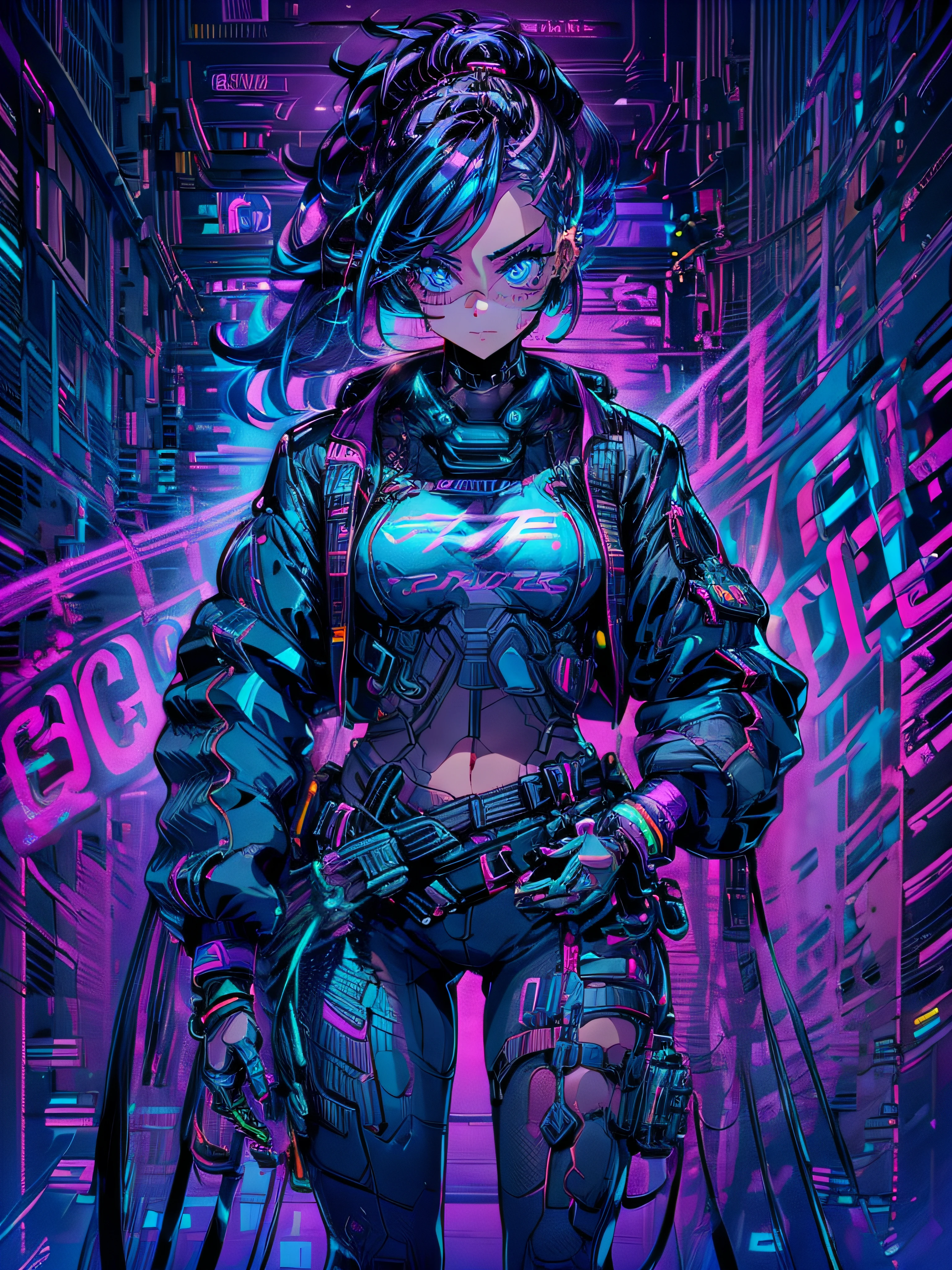 In the neon-lit streets of a cyberpunk metropolis, a figure emerges, defying the boundaries of reality and technology. Meet the Cyberpunk Girl, a vision of grit and rebellion. Dressed in a sleek bomber jacket, adorned with blinking LED strips that pulse with neon hues, she becomes a beacon of defiance amidst the chaotic cityscape. Her attire, a fusion of leather and circuitry, hints at the symbiotic relationship between humans and machines in this futuristic world. With her vibrant hair, a vibrant canvas of electric blues and purples, she effortlessly captures attention. Standing tall amidst the bustling streets, her piercing gaze is both determined and inquisitive, a testament to her indomitable spirit. The cityscape, bathed in a sea of neon lights and holographic advertisements, serves as her backdrop. It reflects the chaos and energy that she thrives upon. Will you join her in this cybernetic realm, where the possibilities are limitless, or will you merely be a passerby in her electrifying world?