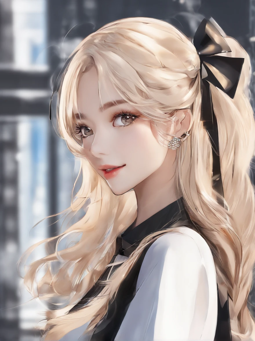 (Best quality at best,4K,8k,A high resolution,tmasterpiece:1.2),ultra - detailed,(current,realisticlying,Photorealistic:1.37),Beautiful and delicate eyes,beautiful detailed lips,Extremely detailed eyes and face,Blonde girl with bow tie,vague background,gentlesoftlighting,sportrait,vivd colour,Hair Fluttering in the Wind,Beauty,a sharp gaze,subtle smiling,artistation render,middling:oil.