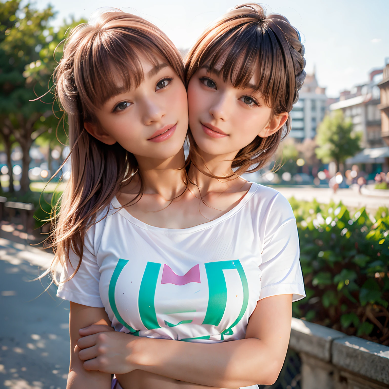 (best quality, 2heads, european girl with two head kissing girl on cheek, different hair bangs, tied hair, half color t-shirt,park background,)