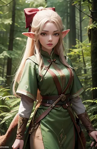 a woman elf in a forest dressed in a forest range attire with arrows and a bow, on a tree, perfect body , perfect face, hd