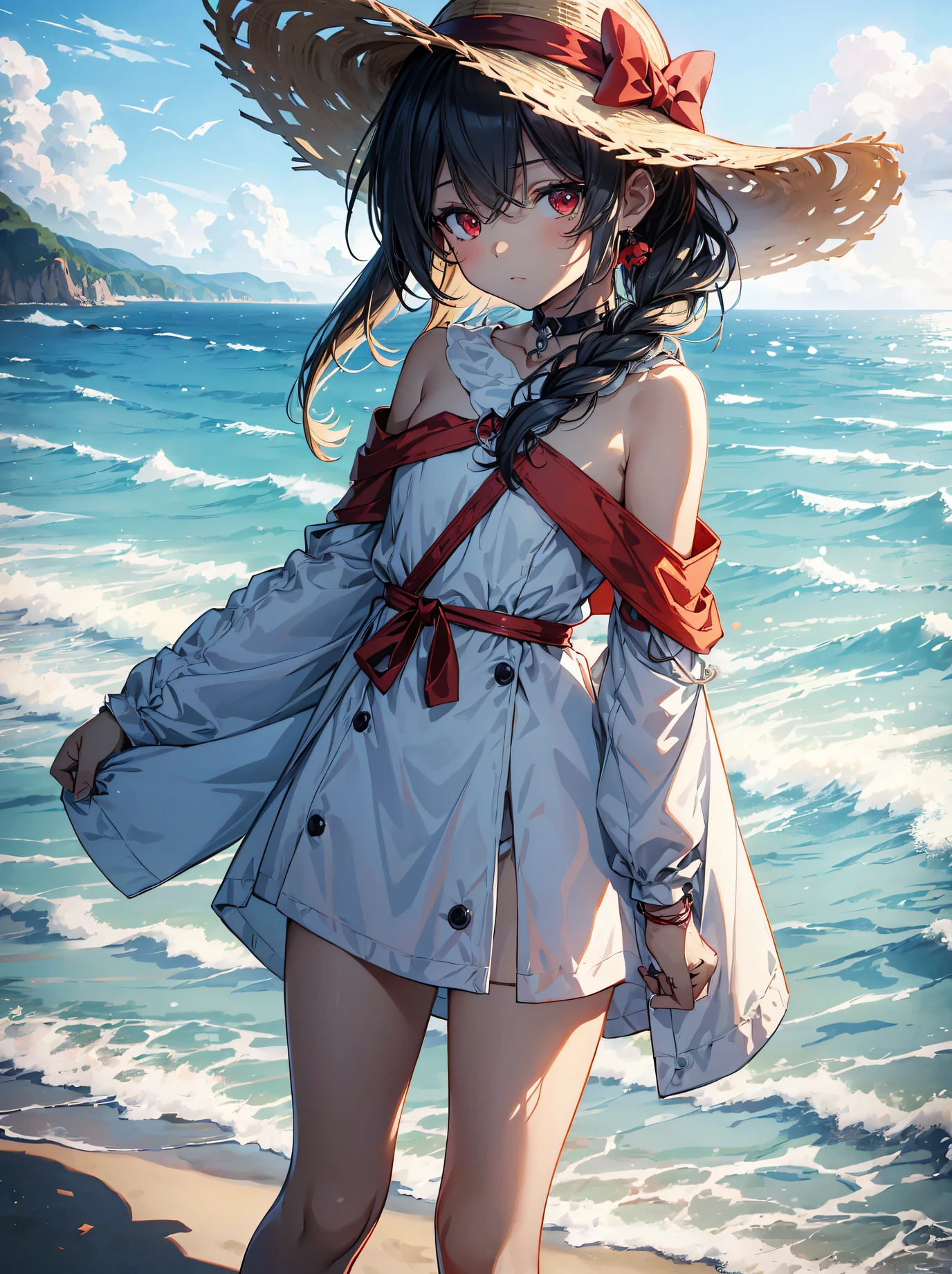 God quality,  anime moe artstyle,best anime 8k konachan wallpaper,badass anime 16k,perfect anatomy, (Please draw A girl in a off shoulder dress walking on the beach. :1.3),break, 1girl, (Solo,,,12-year-old:1.5),(dark tan skin), Full limbs, complete fingers, long hair, silver hair,  androgynous charm,flat chest, Small butt, groin, Small eyes,beatiful detailed red eyes,Ponytail, anklet, sun hat, in the rural beach. break,ultra-detailed,high resolution,super detailed skin, professional lighting,(god illustration:1.2),