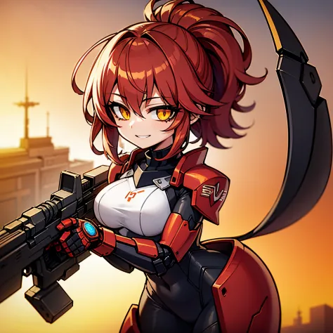 1Girl, red hair, medium hair, yellow eyes, smiling, robot girl, mecha girl, red metal armor, iron wings, holding a rifle, robot ...