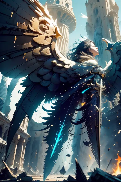 detailed face, super low angle, (halo), (flying seraph), (long and wide 12 wings), thick sword on fire, ruins in the city, skysc...