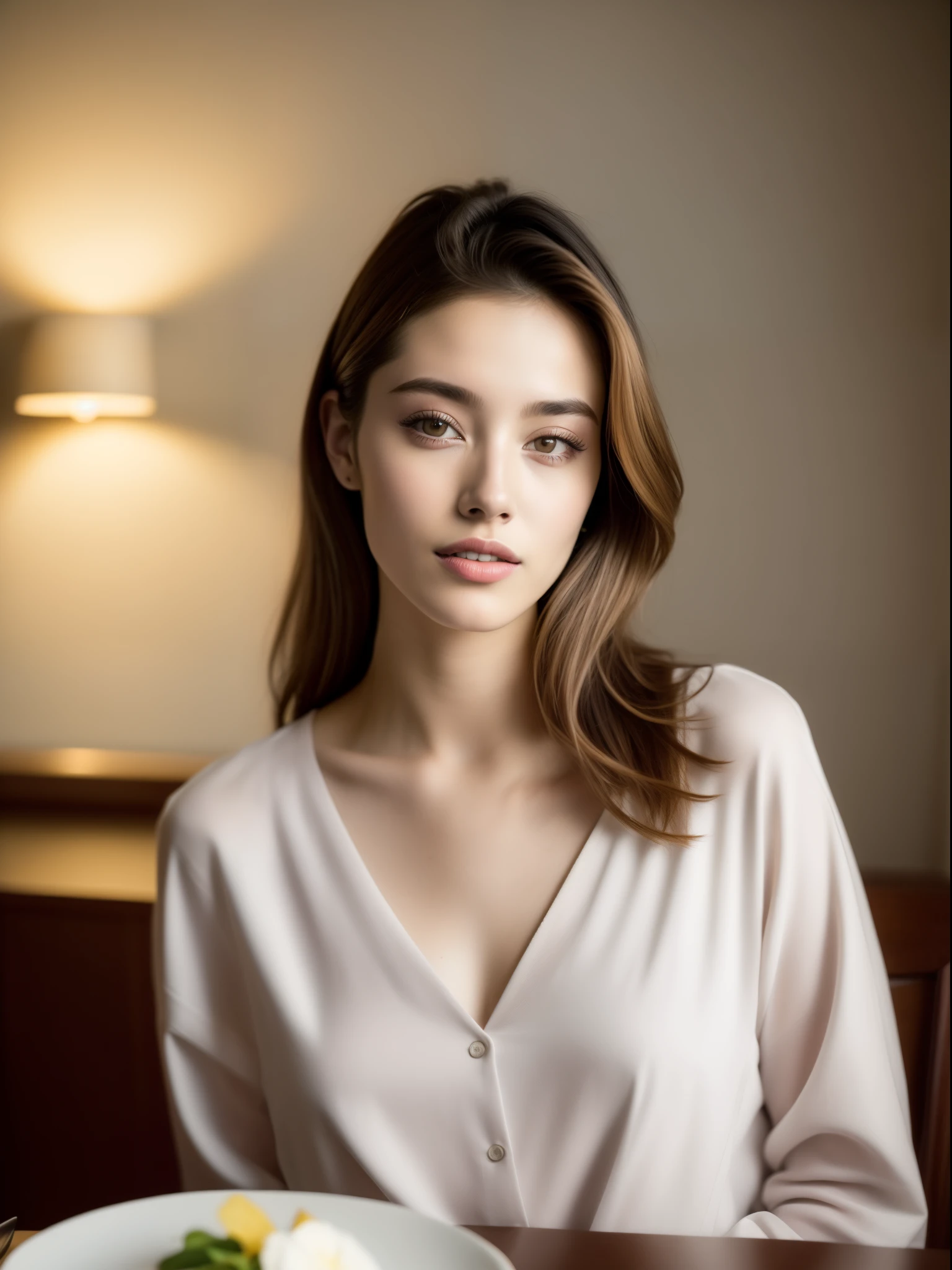 Fashion model 25 years old, Eat dinner in your room, [[[close-up]]], [[[Chest]]], [[[Neck]]], [[[shoulders]]], Perfect eyes, Perfect iris, Perfect lips, perfect teeth, Perfect Skin, Soft front light, nffsw, (soft colours: 1.2)