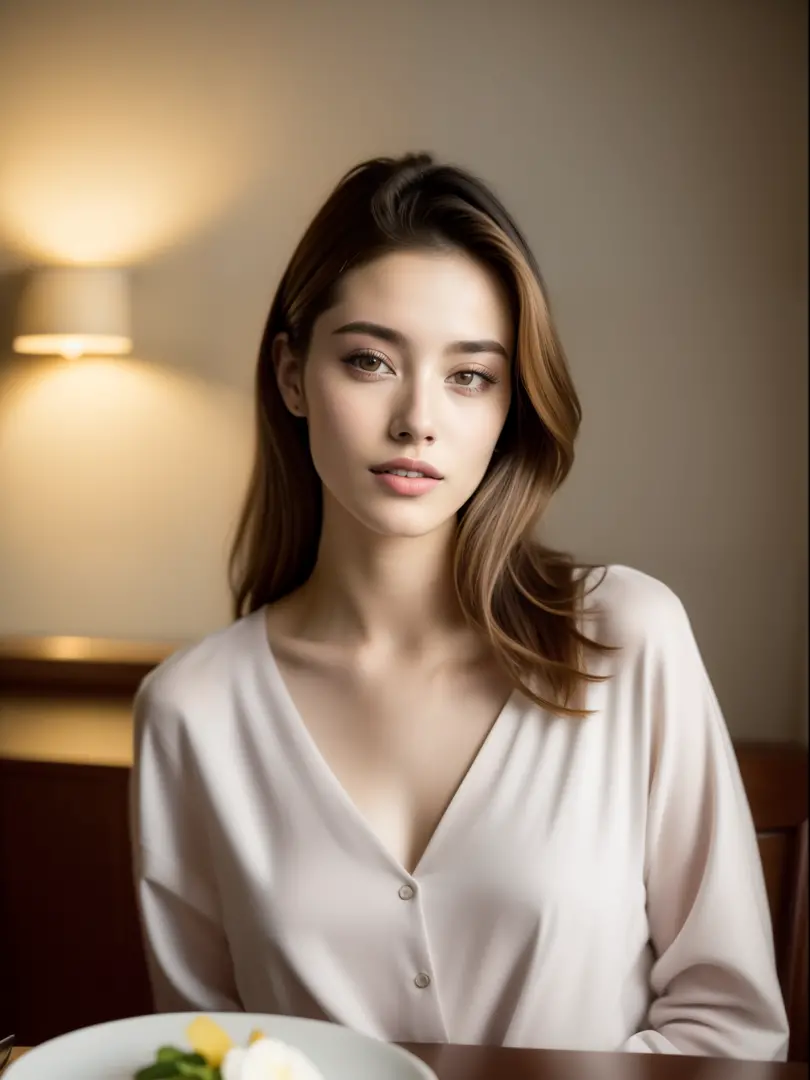 Fashion model 25 years old, Eat dinner in your room, [[[close-up]]], [[[Chest]]], [[[Neck]]], [[[shoulders]]], Perfect eyes, Per...