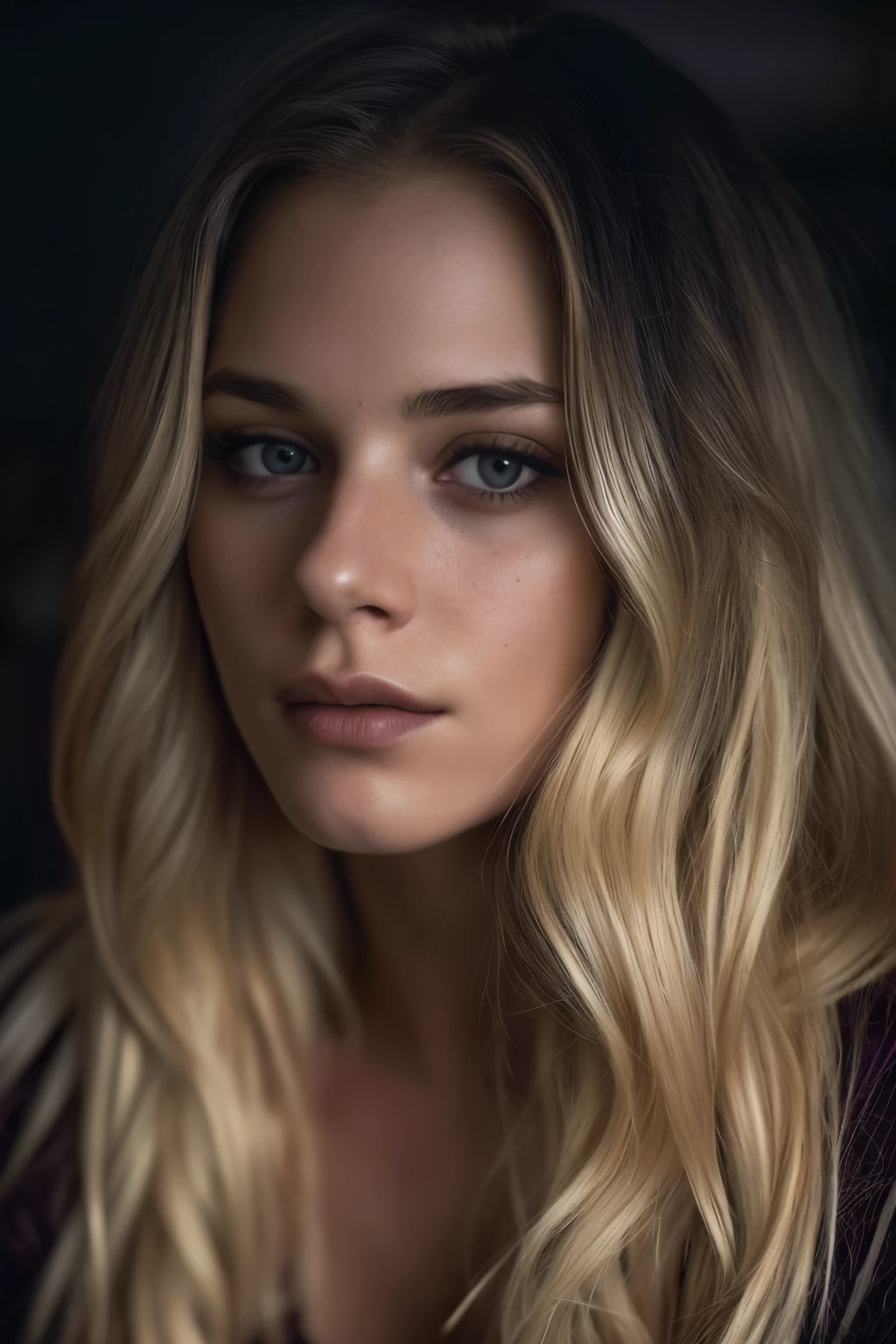 , editorial photograph of a 23 year old woman with long blonde hair), (highly detailed face:1.4) (smile:0.7) (background inside dark, moody, private study:1.3) POV, by lee jeffries, nikon d850, film stock photograph ,4 kodak portra 400 ,camera f1.6 lens ,rich colors ,hyper realistic ,lifelike texture, dramatic lighting , cinestill 800