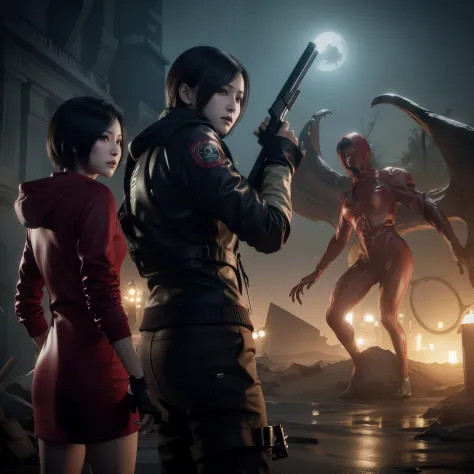 ada wong ,woman, wearing red hoody dress, bob hair, red polish, glazed expression, glare, look the other way