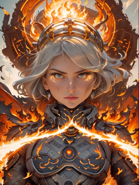 detailed face, super low angle, huge woman, ((halo)), ruins, impact, high speed, flame, necklace on fire, Dante,
