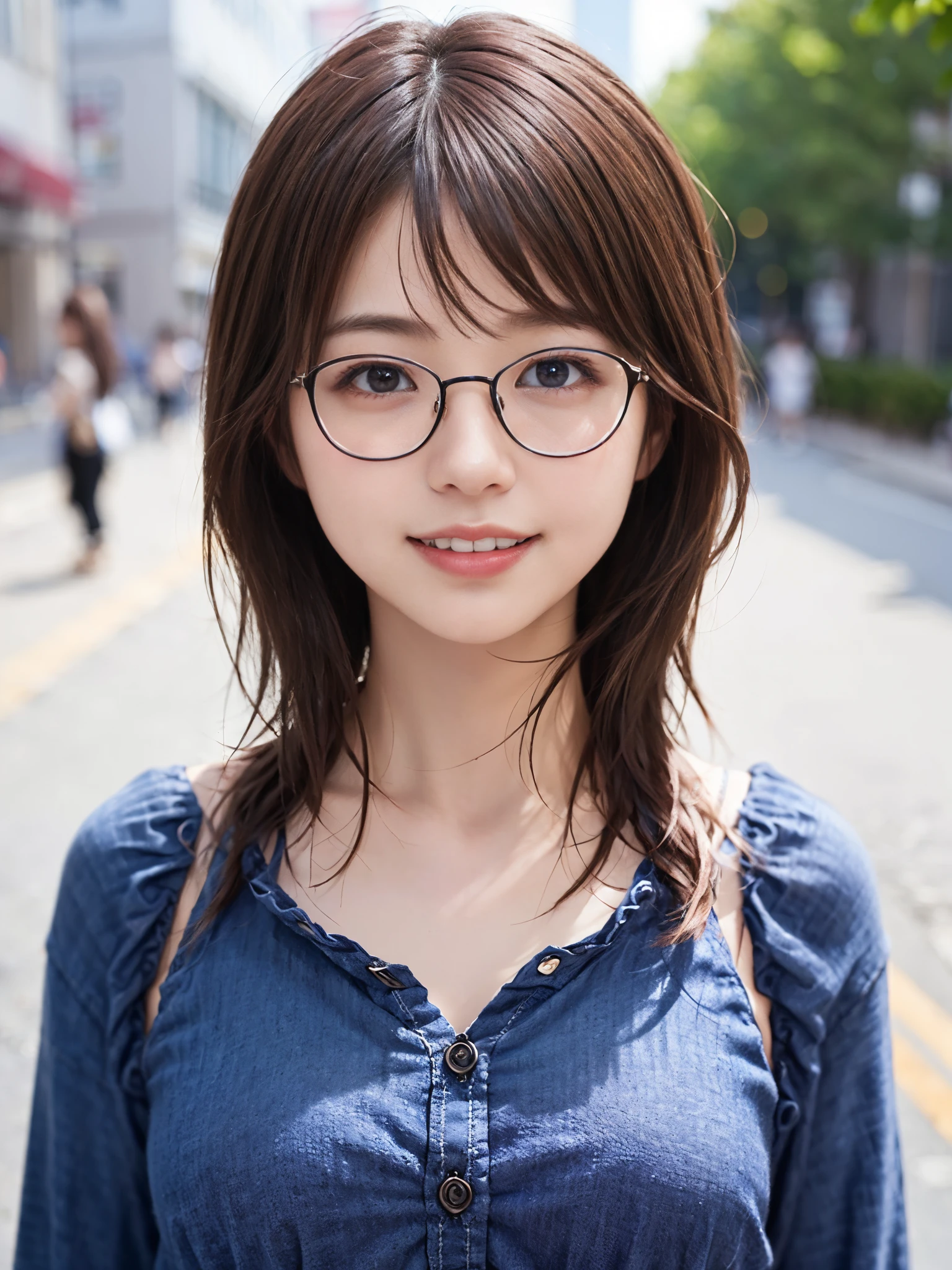 (8K、Raw photography、top-quality、​masterpiece:1.2)、(realisitic、Photorealsitic:1.37)、ultra-detailliert、超A high resolution、女の子1人、see the beholder、beautifull detailed face、A smile、Constriction、(Slim waist) :1.3)、blancheＴThe shirt、Beautiful detailed skin、Skin Texture、Floating hair、Professional Lighting、In the street、Rimmed glasses、Whole human body、Brown hair