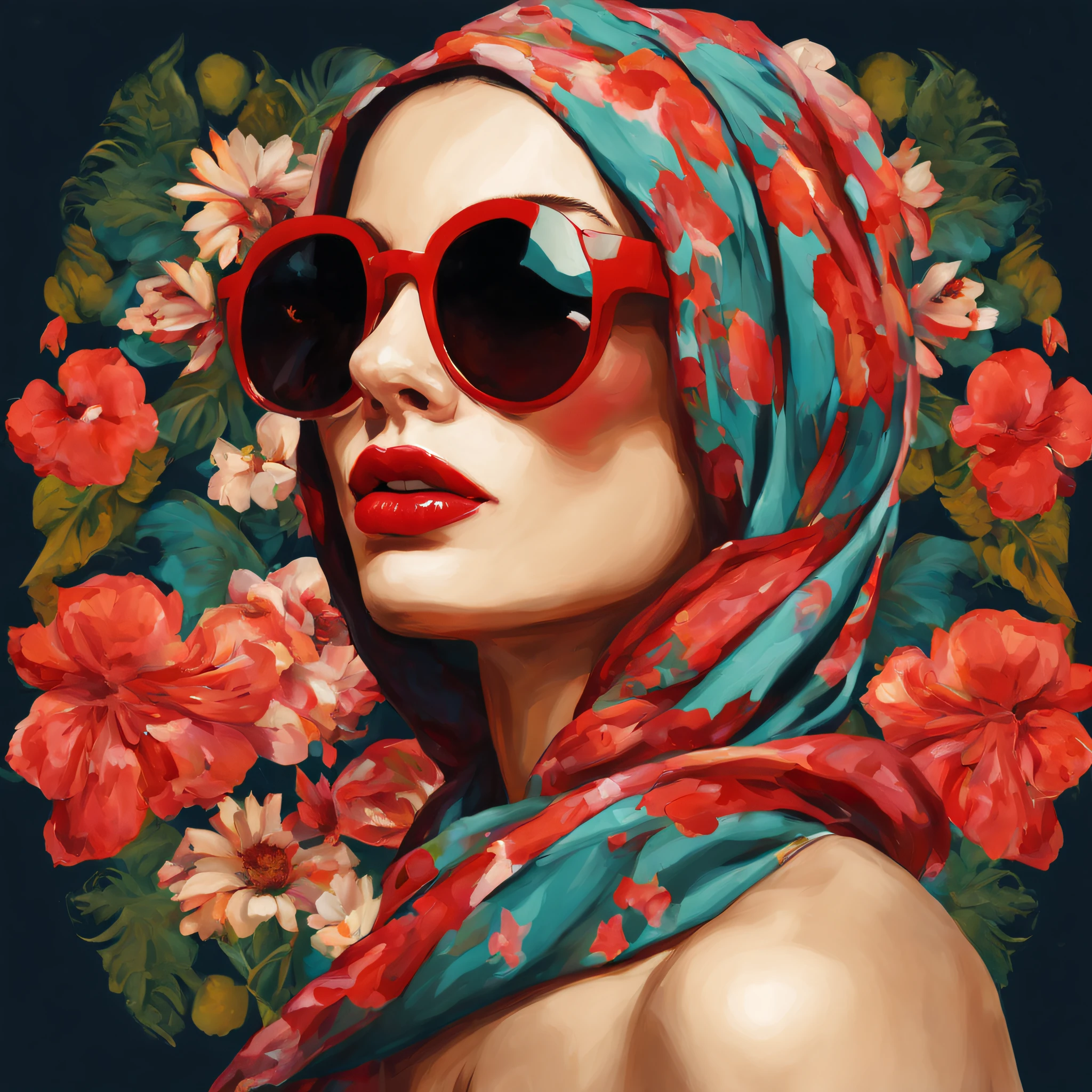 a beautiful model woman with sunglasses, with red lipstick, with a flowery scarf on her head, with pop culture style, painting genre style by Astropunk, midjourney, 8k.