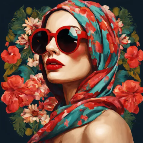 a beautiful model woman with sunglasses, with red lipstick, with a flowery scarf on her head, with pop culture style, painting g...