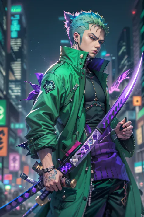a man with Green hair and a purple jacket holding a Katana, cyberpunk art inspired by Munakata Shikō, tumblr, digital art, ufota...