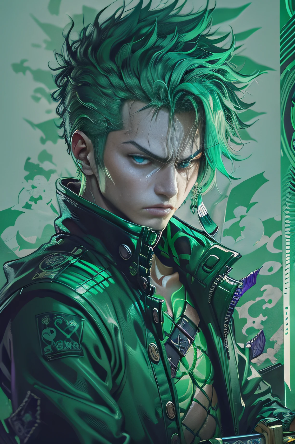 a man with Green hair and a purple jacket holding a Katana, cyberpunk art inspired by Munakata Shikō, tumblr, digital art, ufotable art style, anime wallaper, profile picture 1024px, trigger anime artstyle, badass anime 8 k, One Piece, 4k anime wallpaper, ((Zoro)) Zoro of OnePiece,