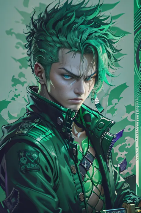 a man with green hair and a purple jacket holding a katana, cyberpunk art inspired by munakata shikō, tumblr, digital art, ufota...