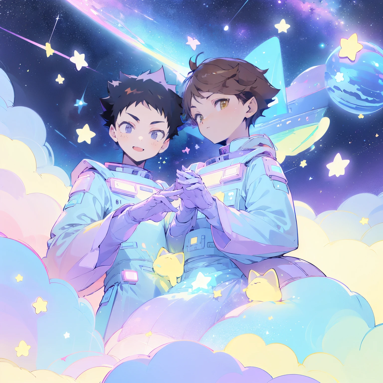 galaxy,((2 boys)),2 boys floating through space, spacesuits,planets,stars,cats, holding hands,kawaiitech,cute,cute colors,pastel colors,kawaii,flat colors,cute flat coloring,((purple focus))),perfect faces,looking at viewer,iwaizumi,black hair,black eyes,smiling,perfect face