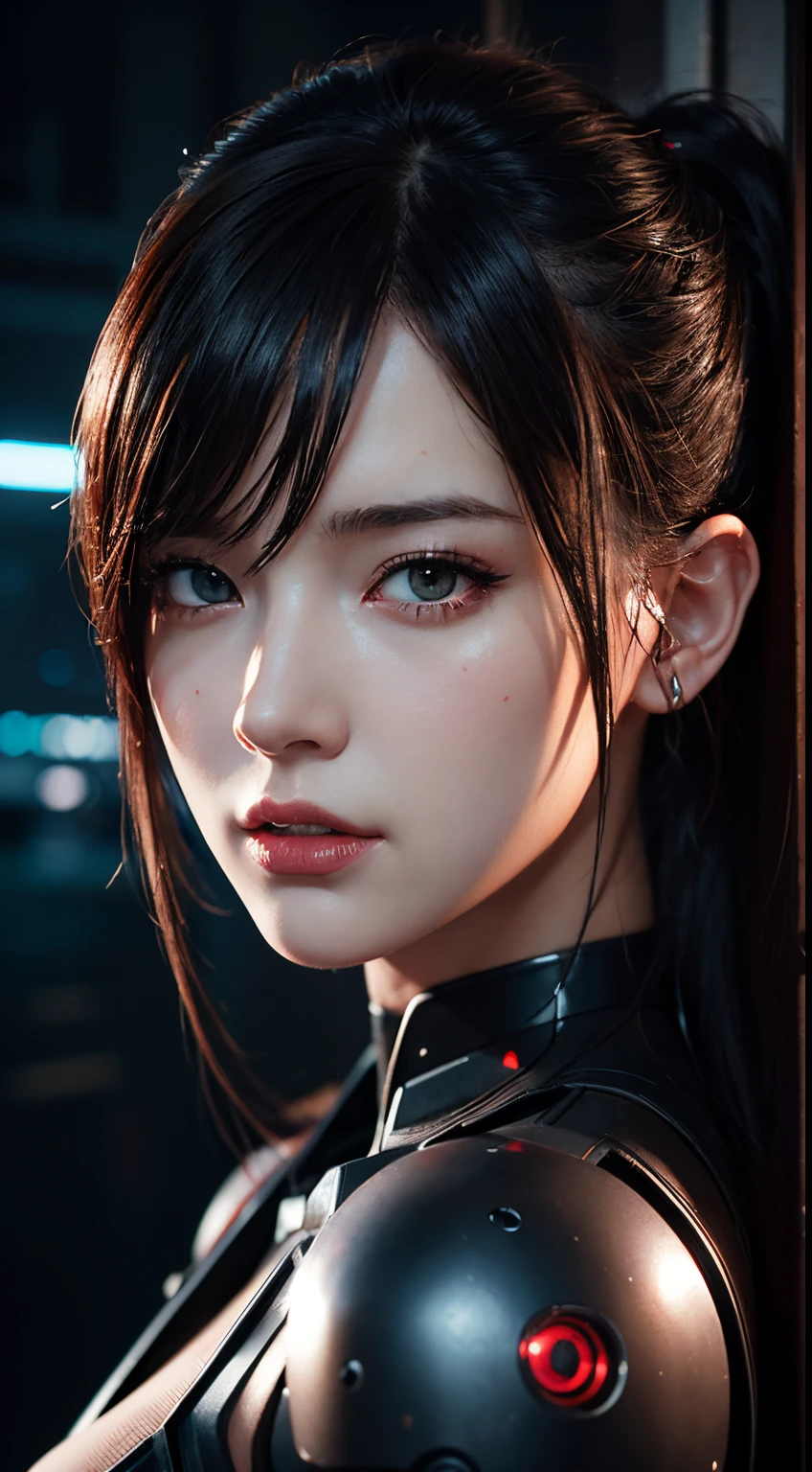 a ausführlich potrait of a cyberpunk cyborg girl with black and red parts, Perfektes Gesicht, realistic shaded Perfektes Gesicht, ausführlich. Nachteinstellung. Sehr Anime-Stil. Realistisches Poster mit schattierter Beleuchtung von Ilya Kuvshinov Katsuhiro, unwirkliche Engine, Globale Beleuchtung, strahlendes Licht, ausführlich and intricate environment