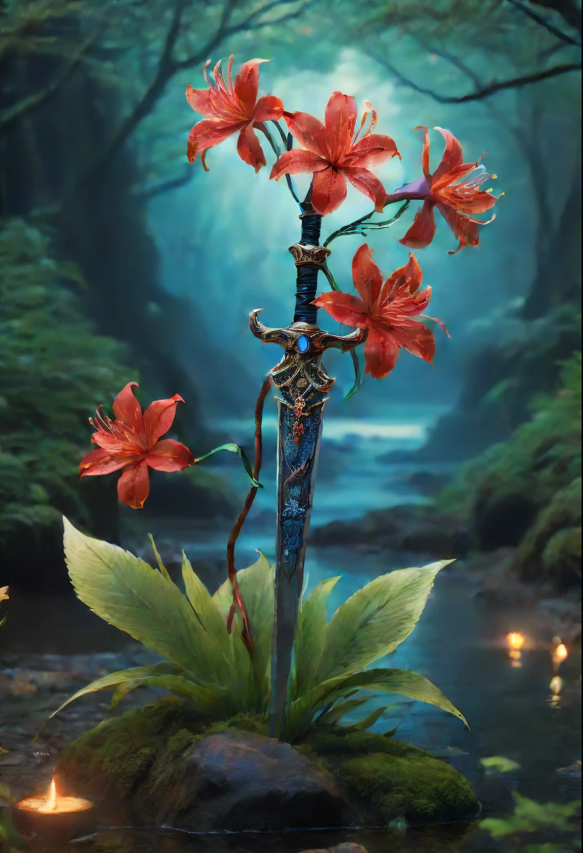 There is a sword with flowers on it in the middle of a forest - SeaArt AI