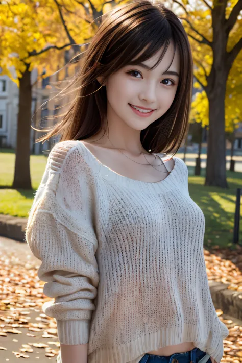 A happy smile looking at this、Under the Autumn Sky、Colorful sweater、top-quality、​masterpiece、超A high resolution、(Photorealsitic:1.4)、1girl in、shoulder、enticing、looking in camera、